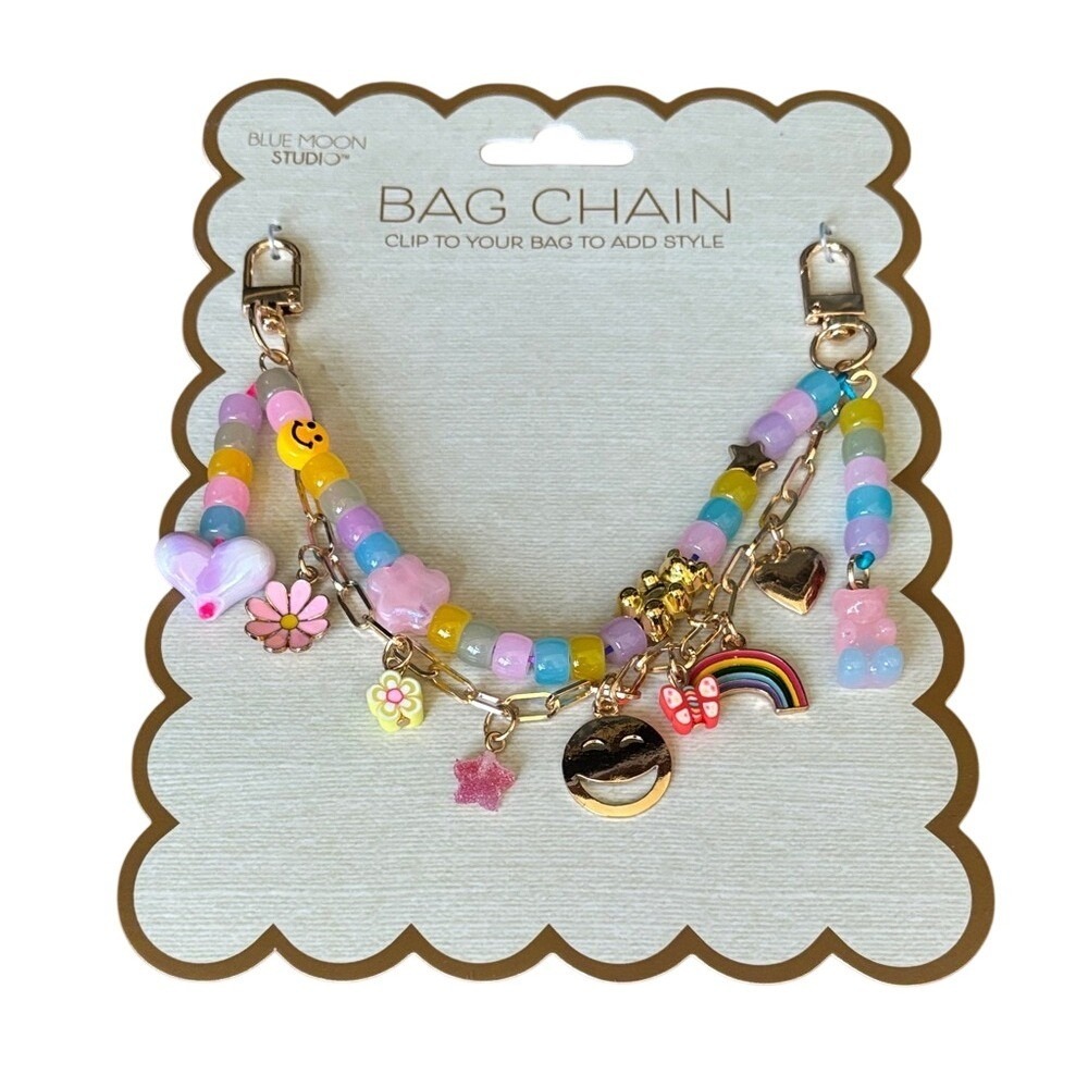 Kids Beaded Bag Chain w/ Rainbows Smiley Faces Gummy Bear Charms GIFT 90s NEW